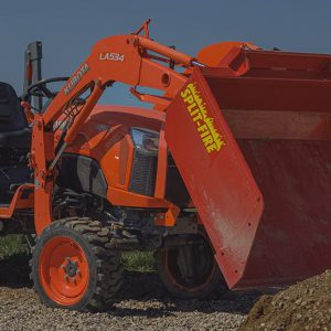 Split-Fire high cap bucket mounted to kubota bx